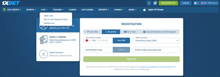 1xbet Vietnam_Phone_REGISTRATION