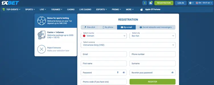 1xbet Vietnam_Email_REGISTRATION