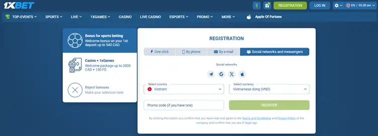 1xbet Vietnam_Social media_REGISTRATION