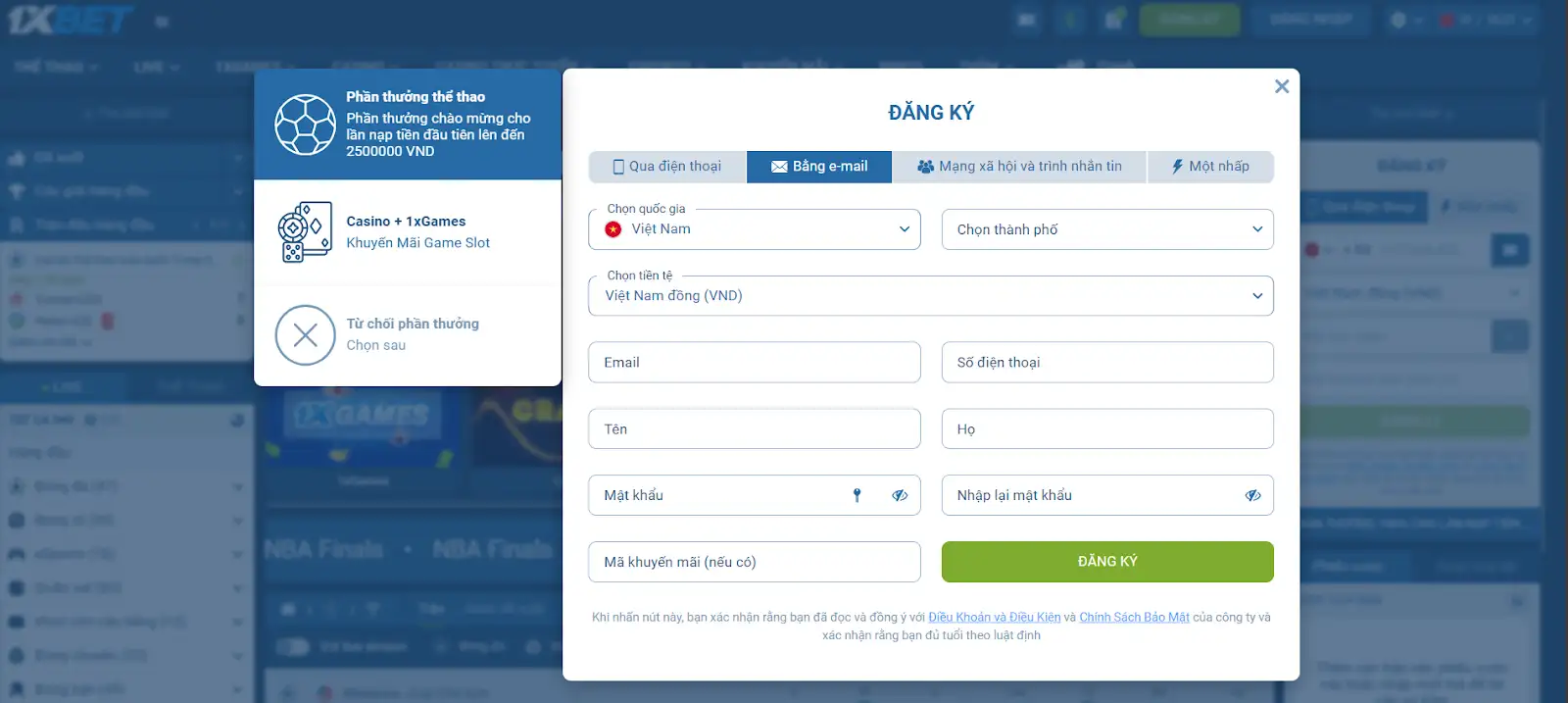 Email. Chọn quốc gia, thành phố và tiền tệ để sử dụng trên 1xbet VN