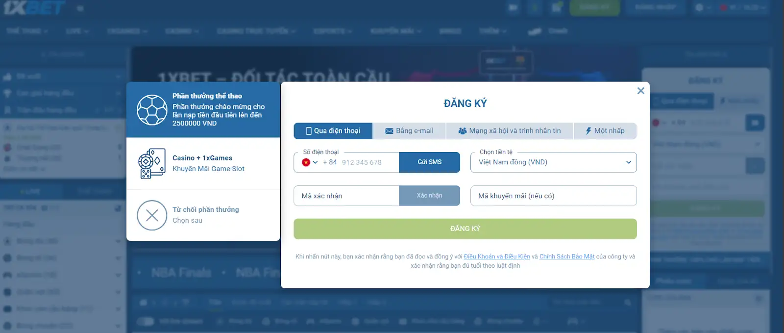 Chọn số điện thoại và loại tiền tệ để sử dụng trên trang web